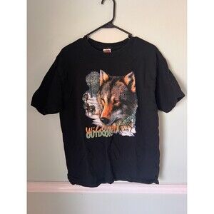 Vtg Wolf Nature T-Shirt Adult Large Graphic Print Tee Black‎ Wild Outdoors Y2k
